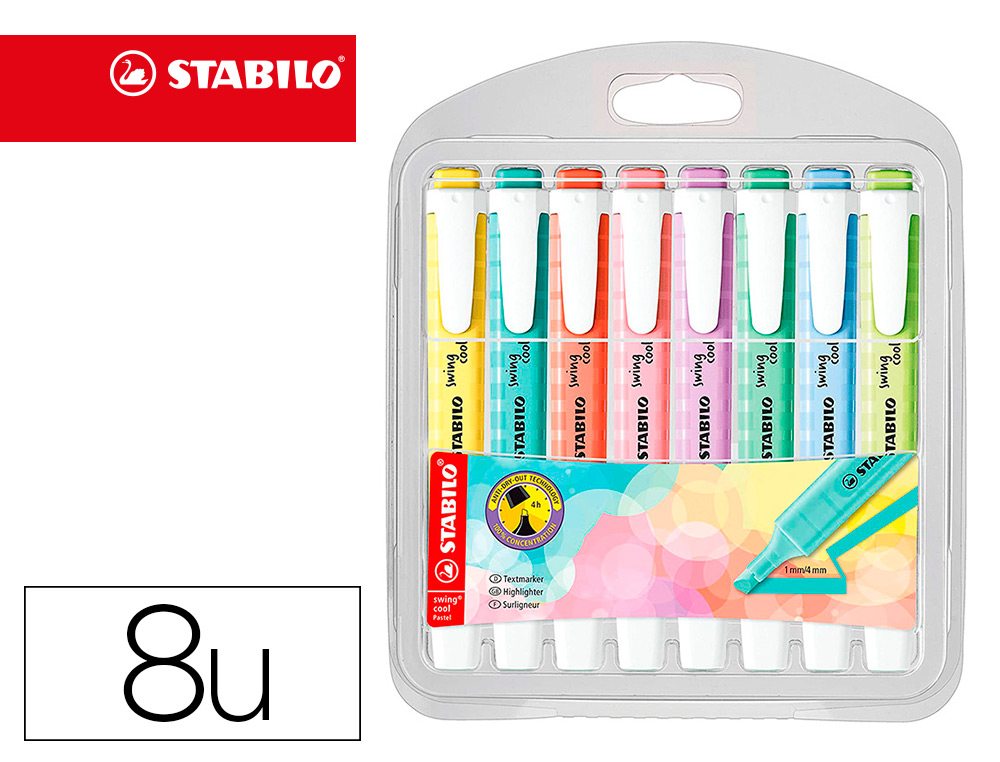 SURLIGNEUR STABILO SWING COOL PASTEL EDITION FORMAT STYLO   POINTE BISEAUTEE TRACE 1/4MM  POCHETTE 8 UNITES