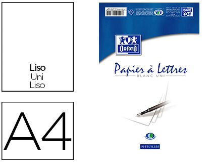 BLOC CORRESPONDANCE OXFORD PAPIER VLIN SUPRIEUR 80G/M2 A4 210X297MM UNI BUVARD ET GUIDE LIGNE 50 FEUILLES