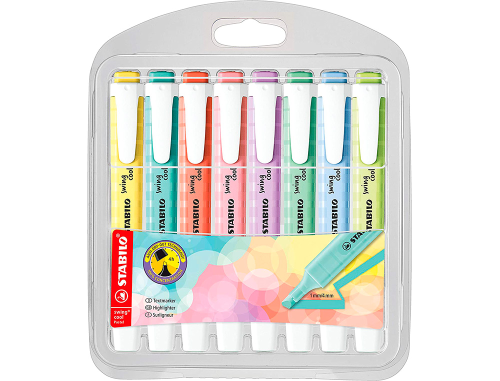 SURLIGNEUR STABILO SWING COOL PASTEL EDITION FORMAT STYLO POINTE BISEAUTEE TRACE 1/4MM POCHETTE 8 UNITES