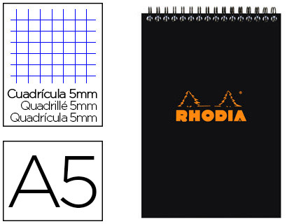 BLOC RHODIA CLASSIC BLACK A5 14.8x21CM COUVERTURE CARTE ENDUITE RELIURE INTGRALE 80F 80G 5X5MM MICROPERFOR