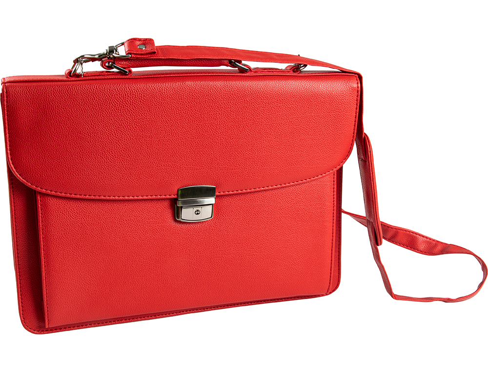 PORTE-DOCUMENTS Q-CONNECT 3 COMPARTIMENTS POIGNEE IMITATION CUIR SERRURE METALLIQUE 39X28x11,5CM COLORIS ROUGE