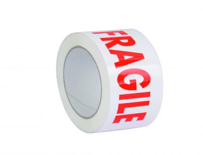 RUBAN ADHESIF IMPRIME FRAGILE POLYPROPYLENE 28 MICRONS      SILENCIEUX ECONOMIQUE         50MMX100M COLORIS BLANC/ROUGE