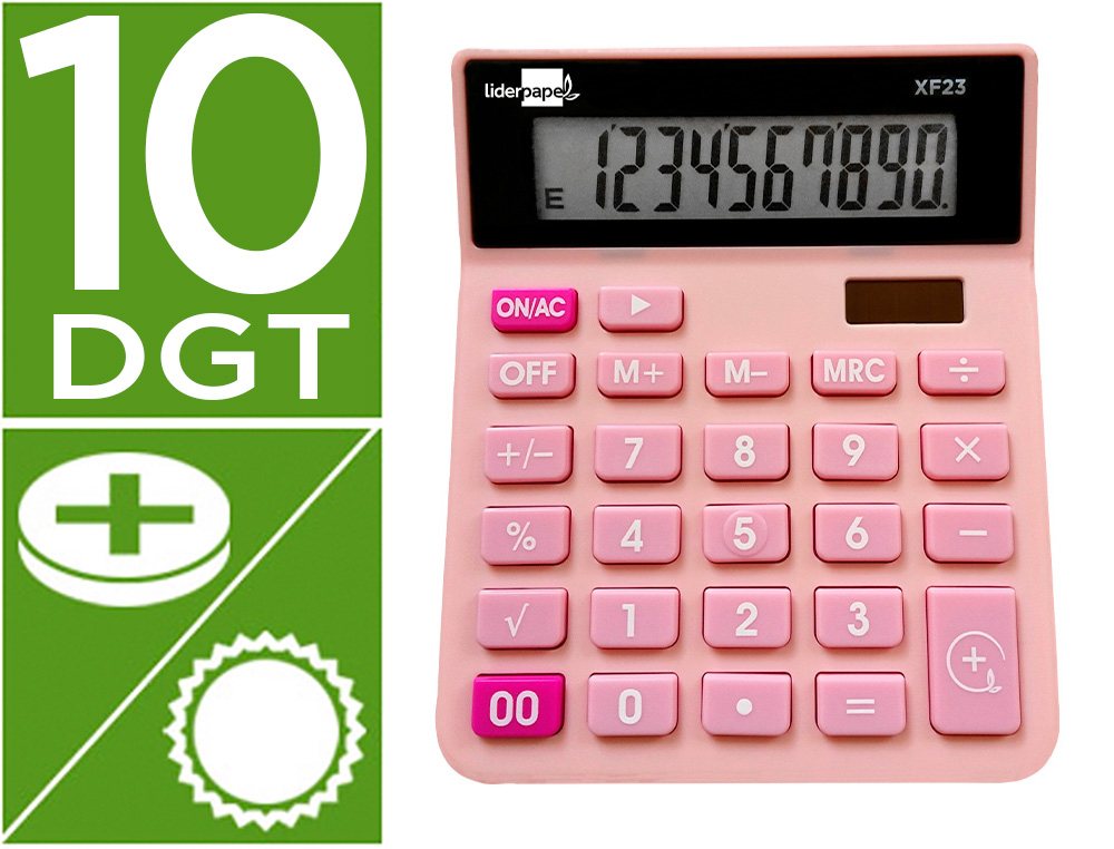 CALCULATRICE DE BUREAU LIDERPAPEL XF20 10 CHIFFRES   SOLAIRE ET PILES 127X105X24   MM COLORIS ROSE