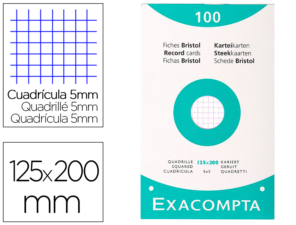 ETUI DE 100 FICHES EXACOMPTA BRISTOL BLANC QUADRILLE 5X5   UNI PERFOREE 125X200MM