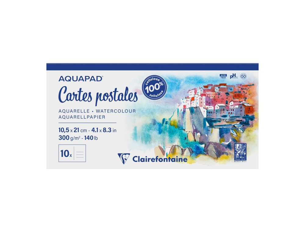 BLOC CLAIREFONTAINE AQUAPAD CARTES POSTALES 105X210MM 10  FEUILLES 300G VERSO           PRE-IMPRIME