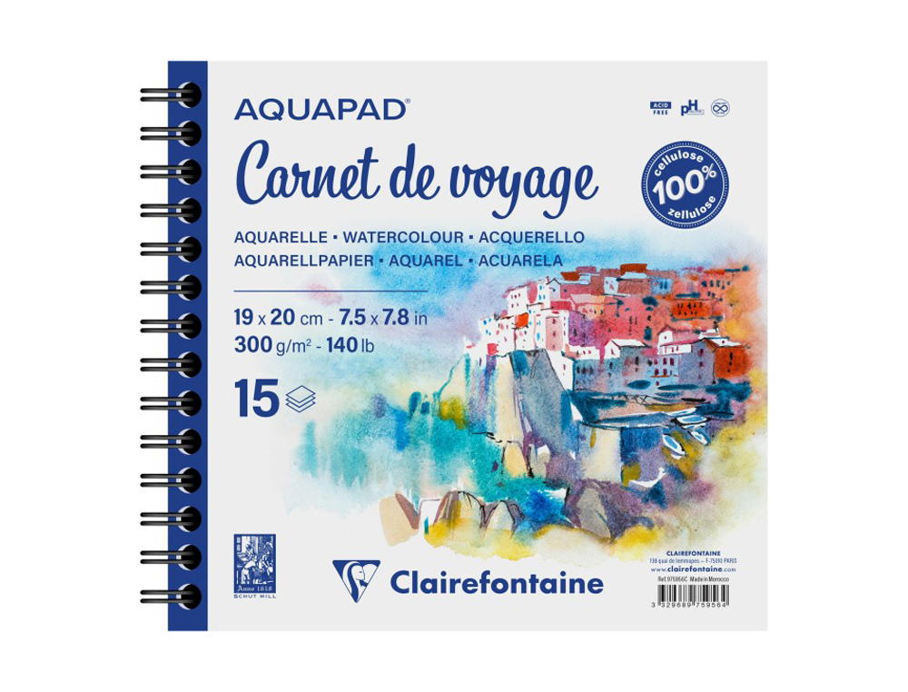 ALBUM CLAREFONTAINE AQUAPAD CARNET DE VOYAGE SPIRALE      190X200MM 15 FEUILLES 300G