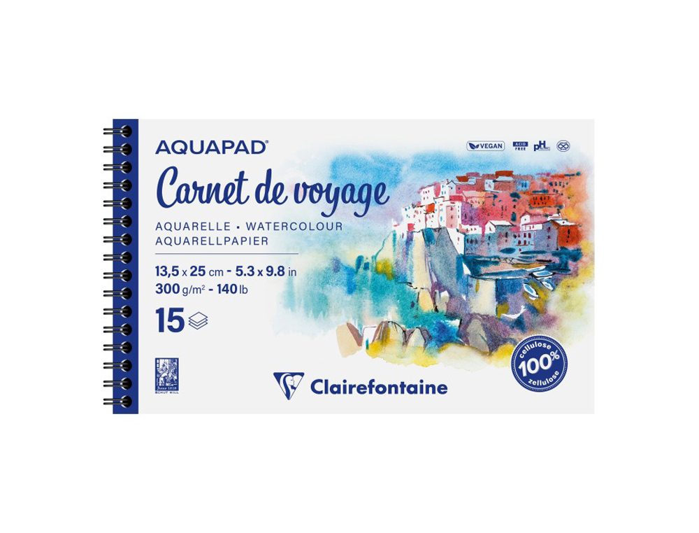 ALBUM CLAREFONTAINE AQUAPAD CARNET DE VOYAGE SPIRALE      135X250MM 15 FEUILLES 300G