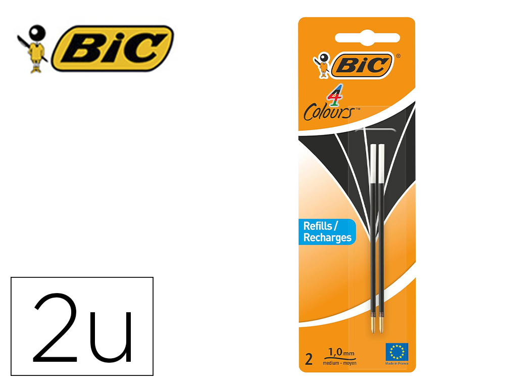 RECHARGE BIC STYLO 4 COULEURS POINTE 1MM TRAIT 0,32MM       COLORIS NOIR BLISTER 2 UNITES