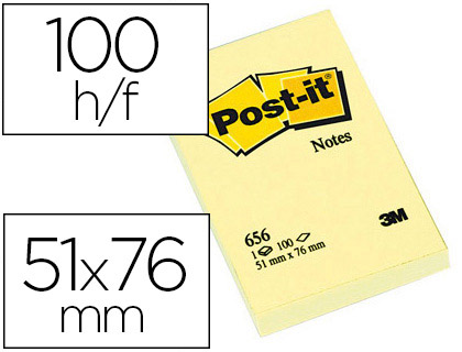 BLOC-NOTES POST-IT 656 51X76MM 100F/BLOC REPOSITIONNABLES COLORIS JAUNE      656-CY