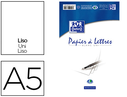 BLOC CORRESPONDANCE OXFORD PAPIER VLIN SUPRIEUR 80G/M2 A5 148X210MM UNI BUVARD ET GUIDE LIGNE 50 FEUILLES