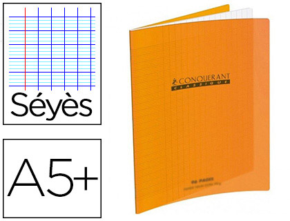 CAHIER PIQU CONQURANT CLASSIQUE COUVERTURE POLYPROPYLNE RIGIDE TRANSPARENTE A5+ 17X22CM 96 PAGES 90G SYS ORANGE