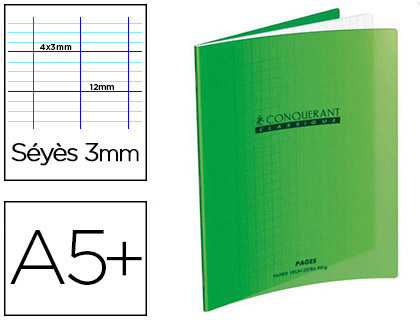 CAHIER D'CRITURE CONQURANT CLASSIQUE COUVERTURE POLYPROPYLNE RIGIDE A5+ 17X22CM 32 PAGES 90G SYS 3MM COLORIS VERT