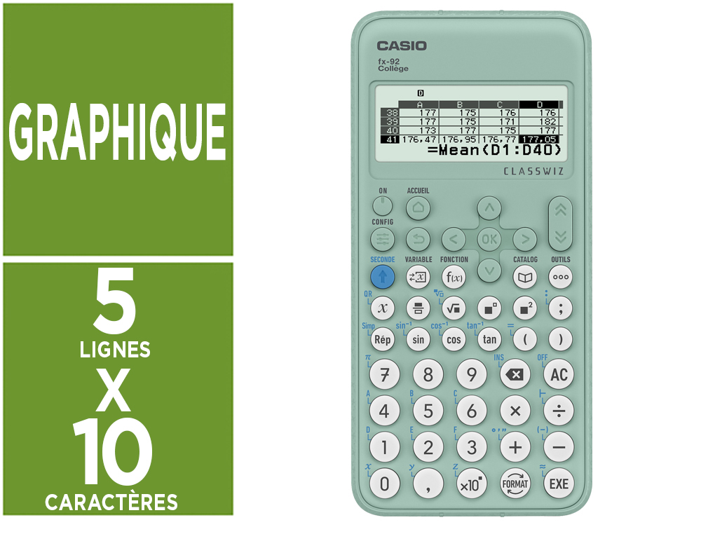 CALCULATRICE CASIO SCIENTIFIQUE FX 92 COLLGE 2D+ CRAN GANT 5 LIGNES STATISTIQUES TABLEAU VALEURS 166X77X14MM 100G