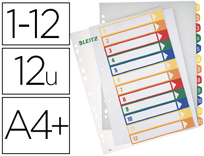 INTERCALAIRE LEITZ POLYPROPYLNE 12 POSITIONS FORMAT A4+ 245X305MM IMPRIMABLE ONGLETS EXTRA-LARGES MULTICOLORES