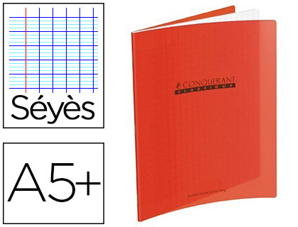 CAHIER PIQU CONQURANT CLASSIQUE COUVERTURE POLYPROPYLNE RIGIDE TRANSPARENTE A5+ 17X22CM 48 PAGES 90G SYS ROUGE