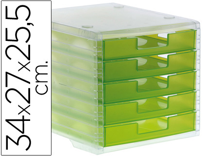 MODULE CLASSEMENT Q-CONNECT 5 TIROIRS OUVERTS BASE 340X270X260MM BUTE SCURIT COLORIS VERT TRANSLUCIDE