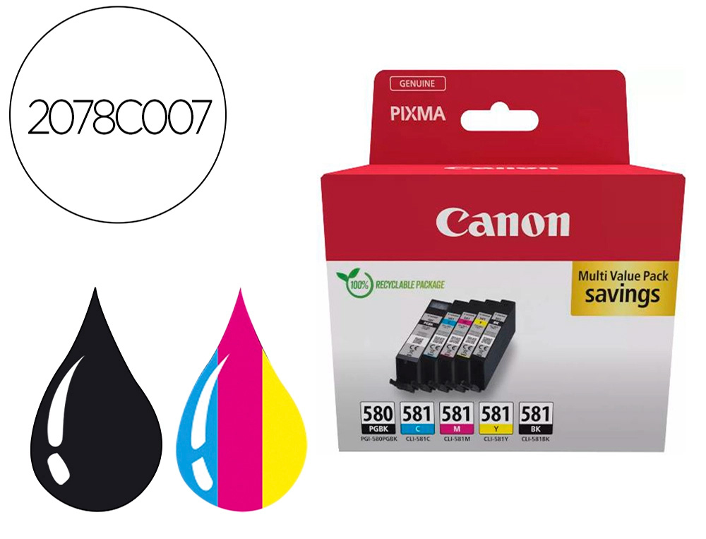 CARTOUCHE CANON JET D'ENCRE 580/581 MULTIPACK COULEURS NOIR MAGENTA CYAN JAUNE 223P