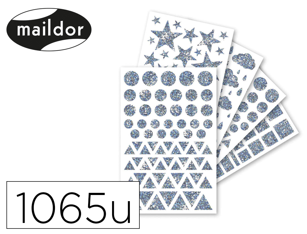 GOMMETTE HOLOGRAPHIQUE MAILDOR10,5X16CM DESIGN ASSORTIS COLORIS ARGENT SACHET 20 PLANCHES 1065 UNITES