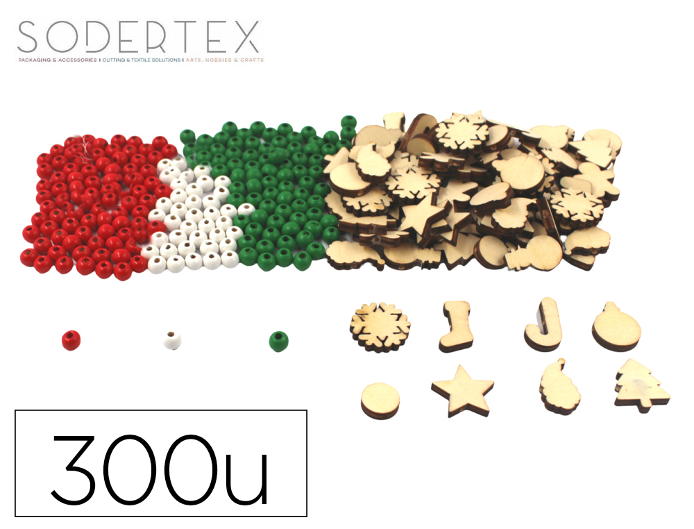 PERLES SODERTEX BOIS NOEL 15/25MM TROU 3MM RONDES ET    MOTIFS DECORATIFS COLORIS     ASSORTIS PACK 300 UNITES