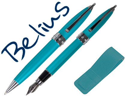 PARURE STYLO-BILLE STYLO-PLUME BELIUS BRENA BILLE ENCRE BLEUE POINTE 1MM PLUME POINTE MOYENNE TURQUOISE