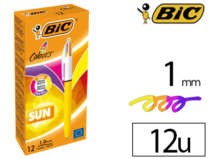 STYLO-BILLE BIC 4 COLOURS SUN POINTE MOYENNE 1MM COULEURS FUN VIOLET/ROSE/JAUNE FLUO/ORANGE